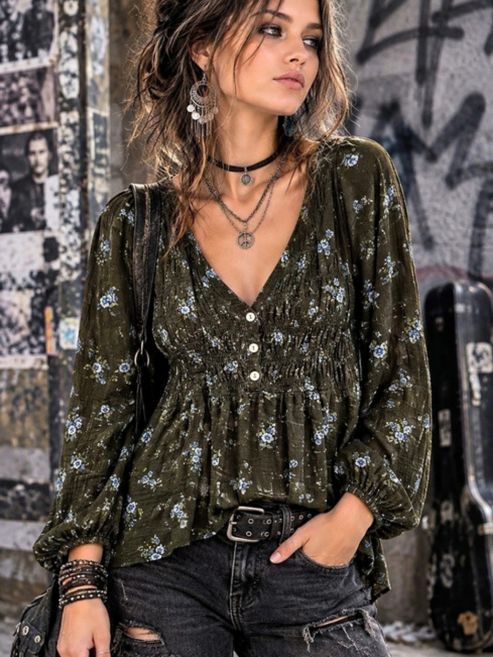 Lucky Final Rose Blouse Floral Long Sleeve Green & Black